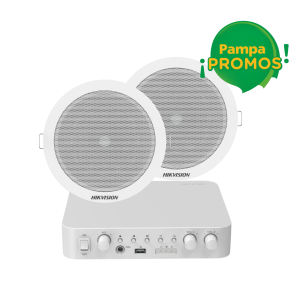 Kit de Audio Analógico Hikvision con Amplificador y 2 Parlantes de Techo